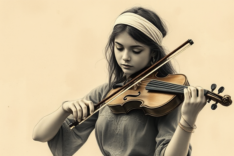 a young Romani woman with a white headband playing a violin, in the style of a charcoal drawing, sepia grunge background