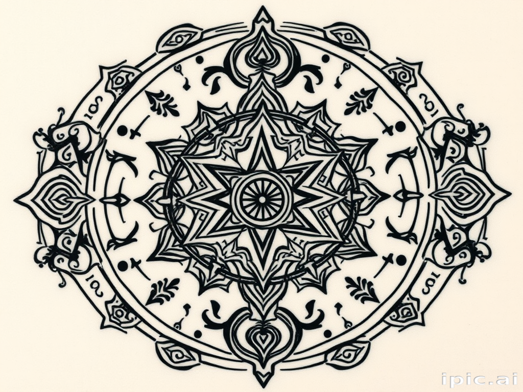 Ornamental blackwork tattoo named "Sacred Geometry" showcasing intricate patterns inspired by ancient symbols and mathematical concepts, known for its symmetrical designs and spiritual significance
