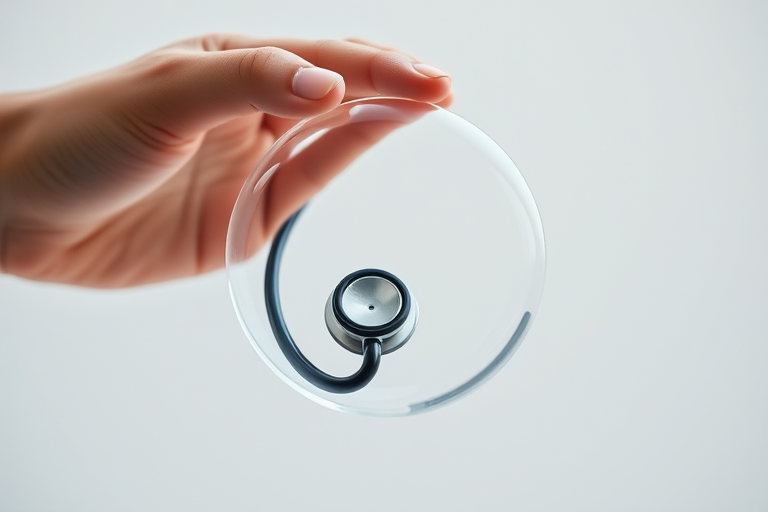 Create an image of a hand holding a translucent bubble containing a stethoscope, with a soft focus background, using a DSLR camera, aperture f/2.8, focal length 50mm, natural lighting, and a shallow depth of field for enhanced image quality.
