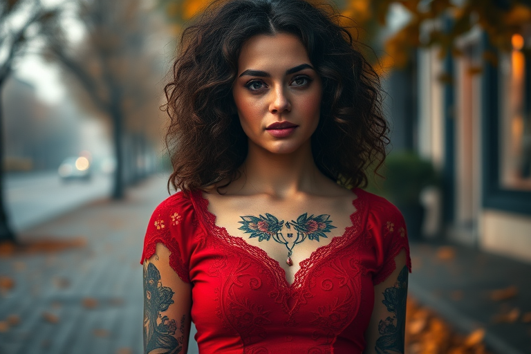 portrait of a woman with curly hair wearing a red dress with lace details and floral tattoos, standing on a misty street with autumn leaves, capturing warm ambient light, camera settings: f/2.8 aperture, ISO 100, shutter speed 1/200s, camera view: eye level, camera style: soft focus, camera type: DSLR