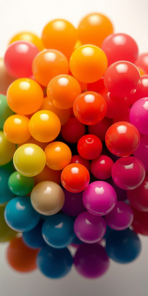 generate a high-resolution abstract image of colorful overlapping spheres arranged in a spiral pattern with a shallow depth of field, using a DSLR camera with a 50mm f/1.8 lens, ISO 100, shutter speed 1/250 sec, and aperture set to f/4, captured from a top-down view with vibrant color saturation and sharp details.