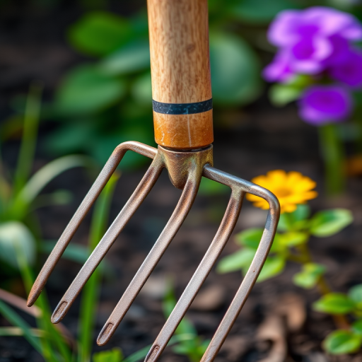 Create a high-resolution illustration of a garden hand rake with a wooden handle and metal tines, using a DSLR camera with a 50mm lens, f/2.8 aperture, ISO 100, in natural light for enhanced detail and vibrant colors.