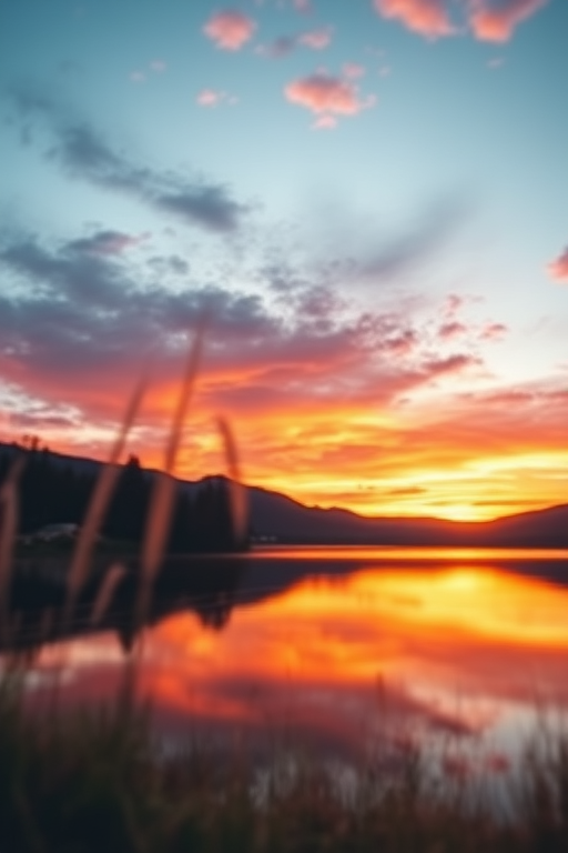 Create a high-resolution image of a serene landscape at sunset with vibrant colors, using a DSLR camera with a 50mm lens, aperture set to f/2.8, ISO 100, and a slightly blurred foreground for depth, capturing the golden hour light reflection on a calm lake, with a wide-angle perspective.