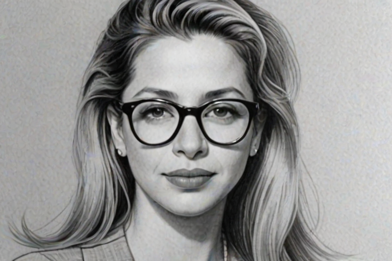 Enchanting Mira Sorvino, pencil sketch, portrait of Appealing woman 1938s in glasses, hair style beatnik, outline, clear lines, fine lines, 8k