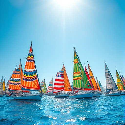 Create an image of colorful patterned sailboats on a vibrant sea, with a bright blue sky and rays of sunlight shining down, using a Canon EOS R5 camera with a 24-70mm f/2.8 lens, aperture set at f/8, ISO 100, and a wide-angle shot for clarity and depth.