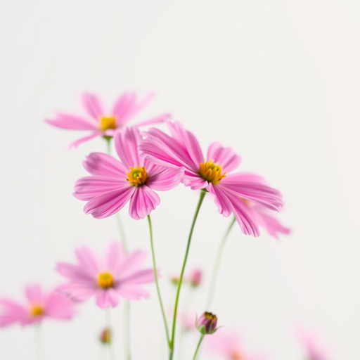 Capture a close-up of pink cosmos flowers in soft focus against a white background, with a shallow depth of field, using a Nikon D850 camera, 50mm lens, f/1.8 aperture, ISO 100, and a soft, diffused lighting setup.