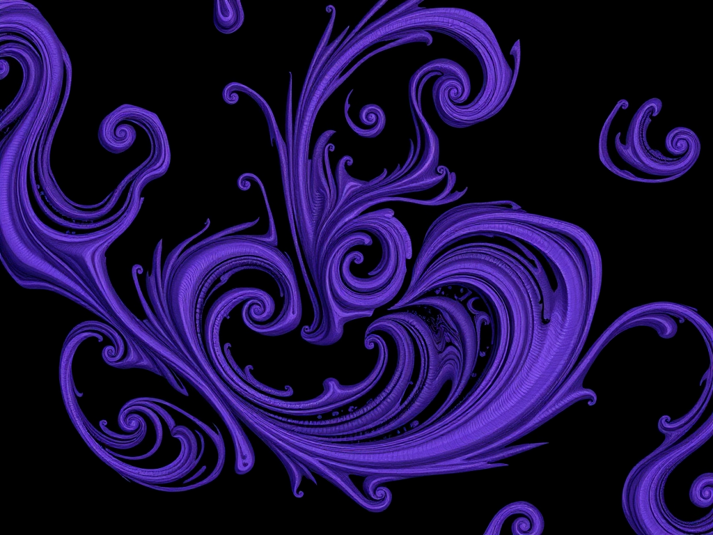 Generate an abstract design featuring swirling purple patterns on a black background with high contrast, using a DSLR camera at f/2.8, 1/60s shutter speed, ISO 100, macro lens, and a top-down view to enhance details and texture.