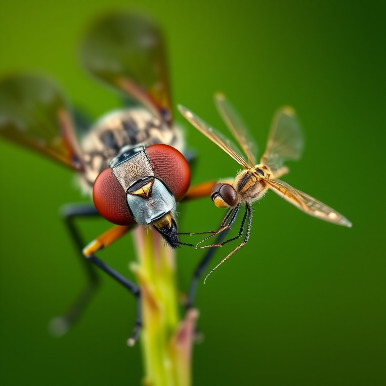 Close-up of a robber fly capturing a dragonfly, macro lens, f/2.8 aperture, ISO 100, 1/200 sec, natural light, shallow depth of field, DSLR camera, vibrant green background.