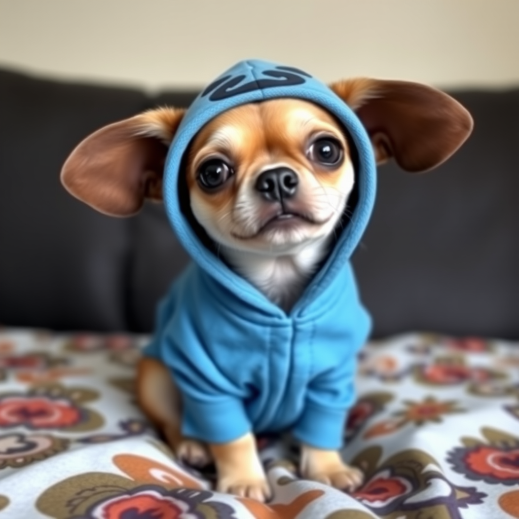 Create an image of a small dog wearing a blue hoodie with large floppy ears, resembling a cartoon character, sitting on a patterned blanket.