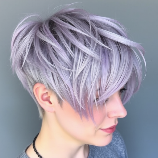 Ethereal lavender gray hair in a textured pixie cut, created by Misty Twilight, showcasing a soft, wispy finish with subtle lilac highlights and delicate silver leaf accents