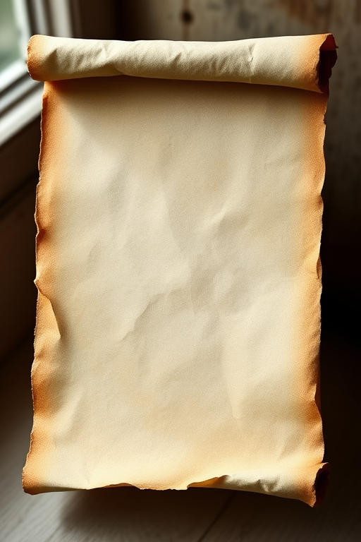 Create a realistic image of an old parchment scroll with a soft, textured surface and subtle curl at the edges, using a DSLR camera with a 50mm lens, aperture set to f/2.8 for a shallow depth of field, ISO 100, in natural daylight with a soft focus background.