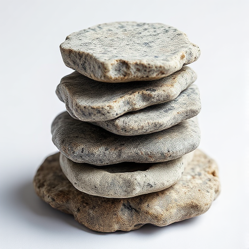 Create a highly detailed digital illustration of a stack of six textured, irregularly shaped stones with speckled patterns, captured with a macro lens at f/2.8, 1/100s shutter speed, ISO 200, from a top-down view with soft diffused lighting for enhanced shadow and depth.