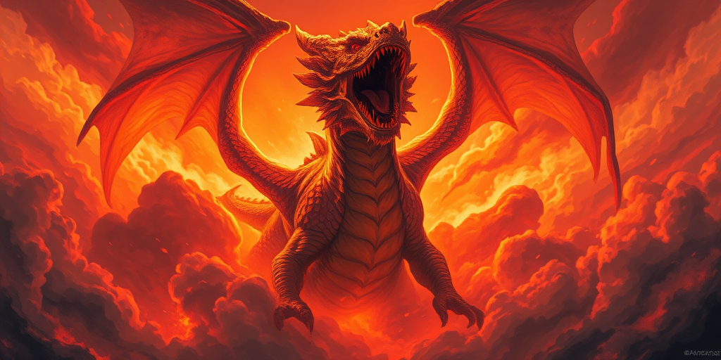 create an epic illustration of a massive dragon emerging from swirling clouds of fiery red and orange, showcasing its fierce roar and intricate scales, with dramatic lighting and a chaotic background