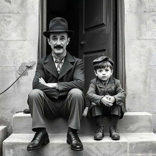 A black-and-white photograph of a man and a child sitting on steps in front of a doorway. The man is dressed as a tramp with a bowler hat, mustache, and ragged clothes, reminiscent of Charlie Chaplin's iconic look. He is sitting with his arms crossed and an expression of slight sadness or frustration. Next to him is a young boy, also in worn clothes and a cap, sitting with his hands clasped, looking thoughtful. The background is an old, textured wall and a partially open door, creating a vintage, early 20th-century atmosphere.