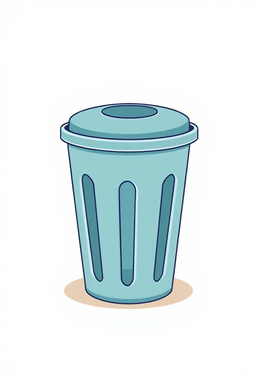 Create an illustration of a simple trash can design, minimalist style, with a neutral background, using a DSLR camera with a 50mm lens at f/1.8, ISO 200, and a slight overhead angle for enhanced perspective.