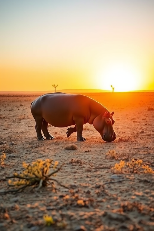 Capture a high-resolution photo of a hippo grazing in a dry, barren landscape during golden hour, using a DSLR camera with a 50mm lens, aperture set to f/2.8, ISO 100, and a shutter speed of 1/250s for clear details and vibrant colors.