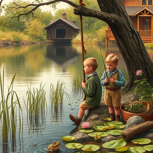 Imagine a small group of old fashioned young boys out fishing by the creek, a swing hanging from a tree branch, reeds and grasses by the water's edge, a frog sitting on a lily pad, dragonflies hovering over som water plans, a very iconic old fashioned scene reminiscent of a Norman Rockwell painting style