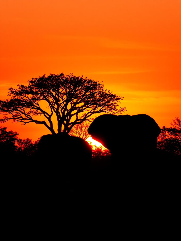 silhouette of elephants against a vibrant sunset with trees, taken with a DSLR camera at f/8 aperture, ISO 200, 1/250 sec shutter speed, 24mm lens, wide-angle view for enhanced depth and clarity