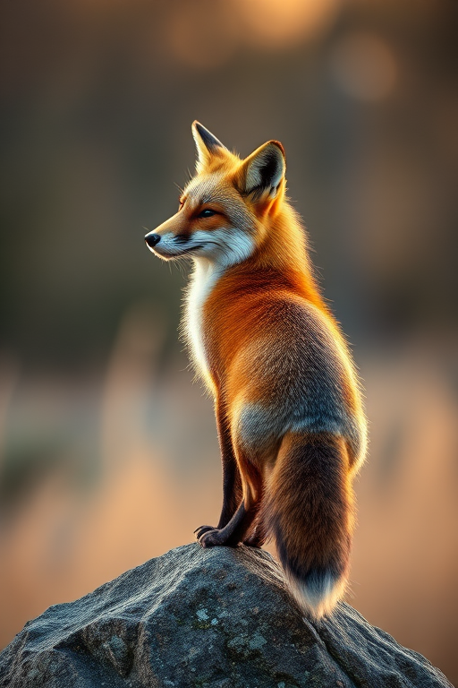 regenerate a serene fox standing on a rock, looking back, with soft blurred background, shot with a Canon EOS R5, 85mm f/1.4 lens, aperture f/2.8, shutter speed 1/200s, ISO 200, in golden hour light for warm tones