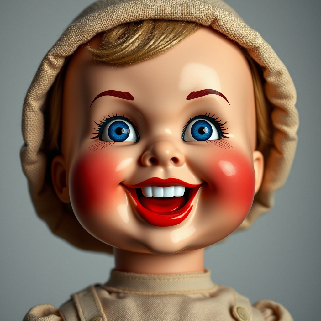 Generate a hyper-realistic image of a vintage doll with rosy cheeks, dimples, and a wide grin with red lips. The doll has bright blue, glossy eyes looking to the side, wearing a beige fabric hat. The face is shiny plastic, contrasting with the matte fabric of the clothing. The background is plain and neutral, emphasizing the doll’s unsettling expression.