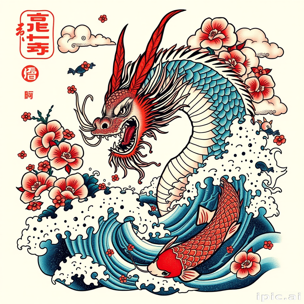 Japanese irezumi tattoo design known as "Mythical Waves" featuring a fierce dragon emerging from turbulent water with cherry blossoms koi fish and traditional clouds in vibrant colors adhering to traditional Japanese artistic principles