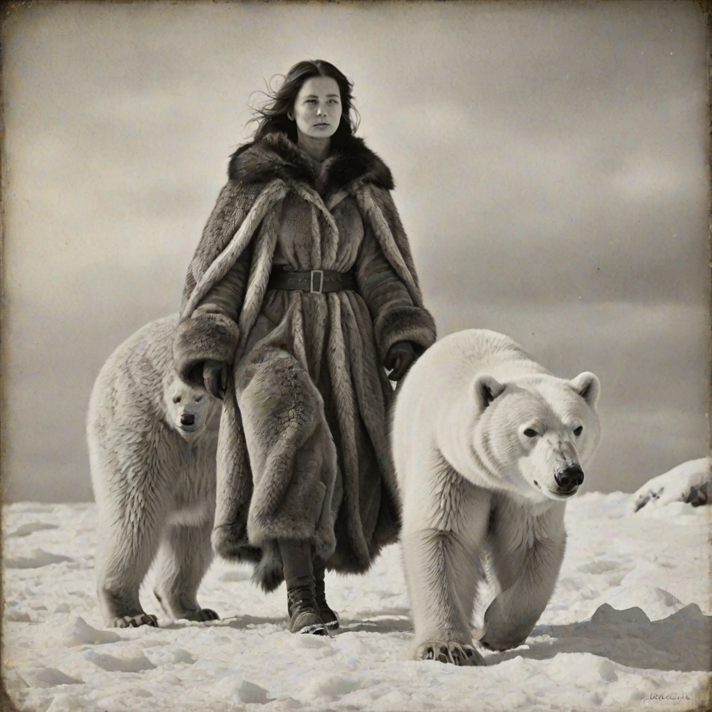 A very old photograph in black and white. The photo is badly damaged, faded, with scratches, tears, smudges and dirt. The photo is ultra-realistic and very detailed. It's a picture of an Arctic warrior. She is walking serenely towards the camera. At her side walks a majestic polar bear. Its fur shines in the sunlight. Snow, ice, sea. wind. snow in the air.