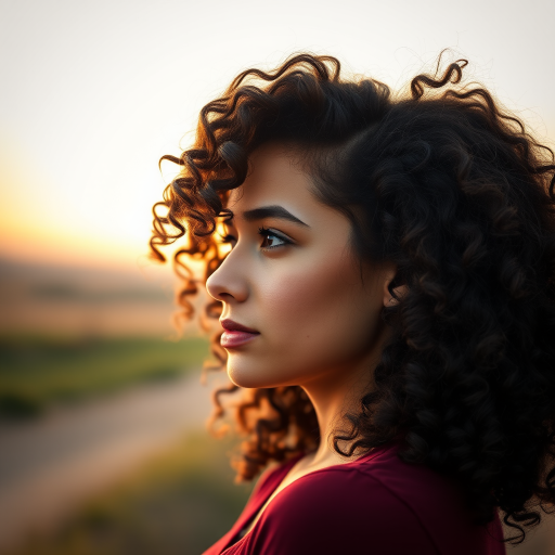 Generate a high-quality portrait of a young woman with curly hair in profile against a soft-focus rural background, camera settings: 50mm lens, f/1.8 aperture, ISO 100, shutter speed 1/200s, shot in golden hour lighting to highlight facial features and hair texture, use a DSLR camera style for sharp details and depth of field.