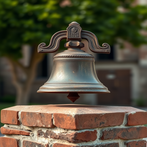 Create a high-resolution image of an antique bell on a weathered brick pedestal, captured with a Canon EOS R5 at f/2.8, ISO 100, 1/200s, utilizing natural lighting and a shallow depth of field for enhanced background blur.