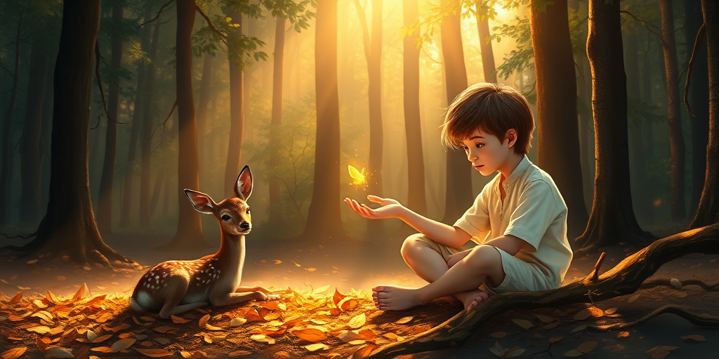 A luminous digital painting of a serene forest scene featuring a barefoot young boy, about 7 years old, with brown hair and fair skin, dressed in a simple white outfit. He sits cross-legged on the forest floor, gazing at a small, glowing, magical firefly in his hand. Beside him, a delicate spotted deer lies calmly on a bed of dried leaves, observing the scene. The dense forest is bathed in warm, golden light filtering through the trees, creating a peaceful, magical atmosphere with a blend of natural and mystical elements.