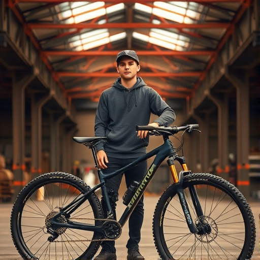 Photograph a young man standing next to a mountain bike in an industrial warehouse setting, using a Canon EOS R5 with a 50mm f/1.8 lens, aperture set to f/2.8, ISO 400, shutter speed 1/125s, soft diffused lighting to enhance details and create a warm atmosphere.