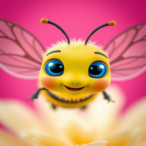 Create a cute cartoon bee with big blue eyes and transparent wings, against a vibrant pink background, using a Canon EOS R5, 50mm lens, f/1.8 aperture, and soft focus to enhance colors and details.