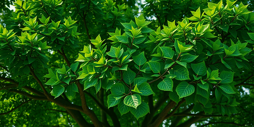 Generate a highly detailed 3D rendering of a lush green tree with a wide canopy, shot with a Canon EOS R5 at f/2.8, ISO 100, 50mm lens, in natural light, using a macro perspective to highlight leaf textures and details.