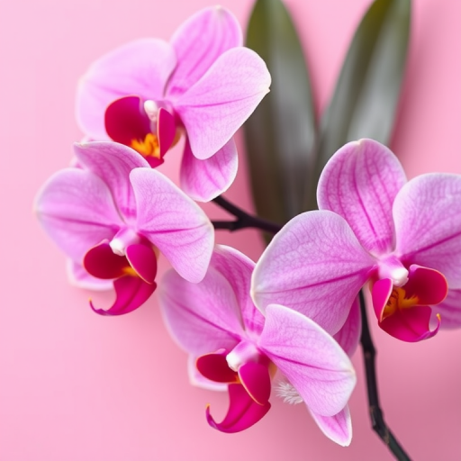 Regenerate an image of vibrant pink orchids on a soft pink background, using a DSLR camera with a 50mm f/1.8 lens, f-stop at f/2.8, ISO 100, shutter speed 1/200s, natural light, captured from a slightly angled top-down view, in a macro photography style to enhance image detail and quality.