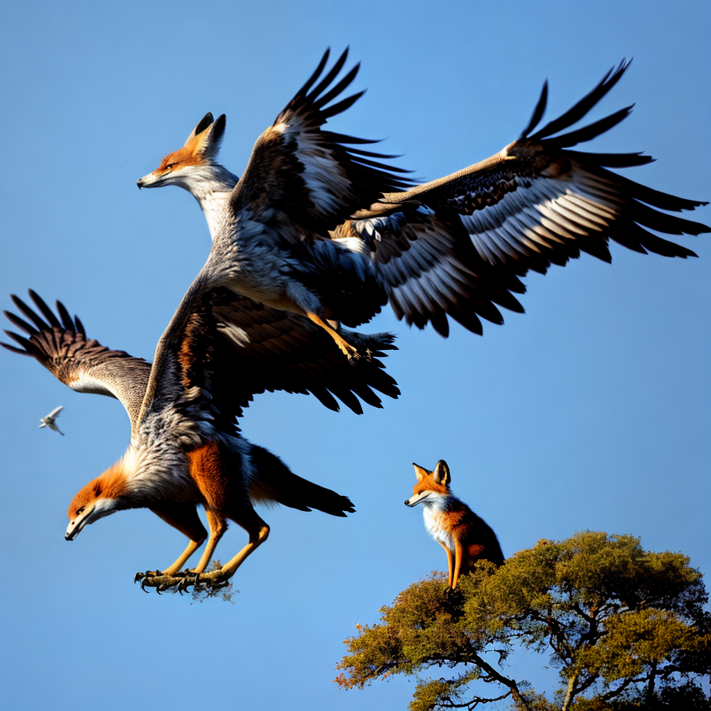 A fox ist sitting on a big eagle. They are flying in the sky.