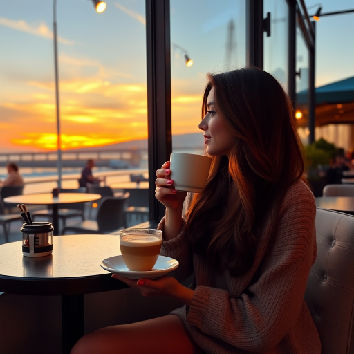 beautiful woman having coffee alone and watching the sunset in a cafe