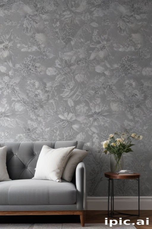 Elegant Living Room Decor Featuring Floral Gray Wallpaper and Cozy Sofa