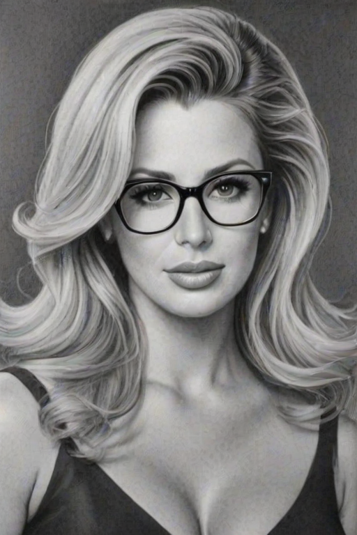Alluring Kim Zolciak, pencil sketch, portrait of Wonderful woman 1952s in glasses, hair style beatnik, outline, clear lines, fine lines, 8k