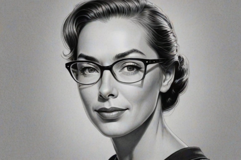 Bewitching Elizabeth Marvel, pencil sketch, portrait of Dazzling woman 1950s in glasses, hair style beatnik, outline, clear lines, fine lines, 8k