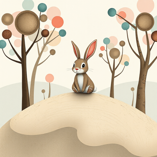 Create a whimsical illustration of a rabbit sitting on a textured hill, surrounded by abstract trees with circular foliage, soft pastel colors, slight textures, wide-angle view, shot with a DSLR camera at f/8, ISO 100, and a shutter speed of 1/200s.
