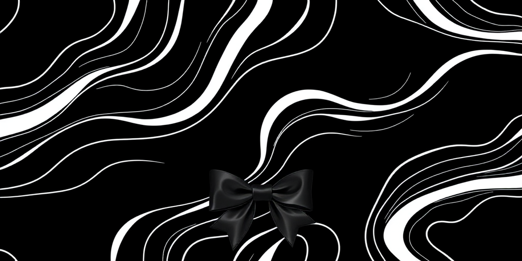 Create a seamless pattern design featuring abstract flowing lines in white on a black background, with a prominent black bow at the bottom center, shot in a high-resolution DSLR camera with a 50mm lens, aperture set to f/1.8, ISO 100, under soft natural lighting for enhanced texture and clarity.