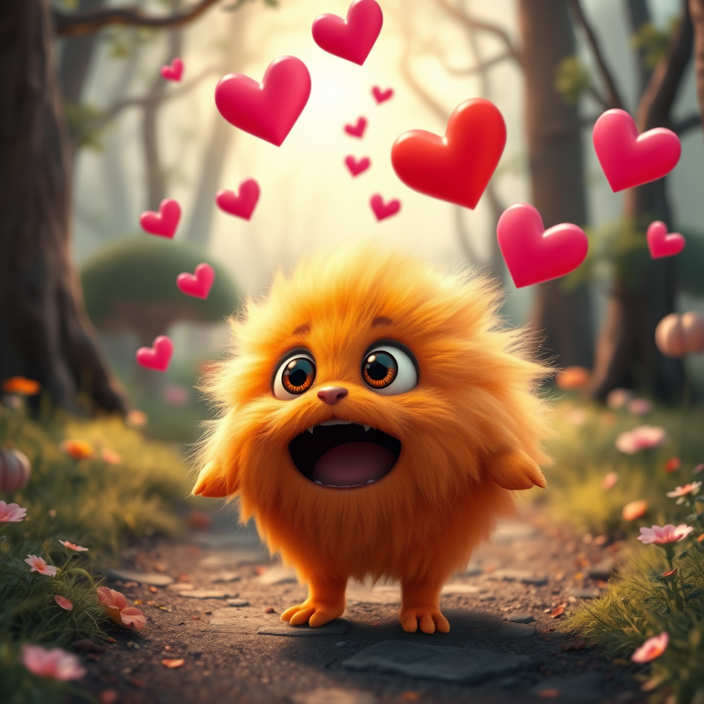 A fluffy orange creature with large eyes and a wide open mouth stands on a path in a whimsical forest, bright pink and red hearts float through the air, the creature has a surprised expression, the light is warm and soft, photorealistic, digital art, 3D style