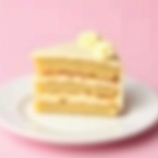 A detailed close-up of a slice of layered cake on a white plate, showing multiple layers of sponge and cream filling. The cake has a creamy frosting and is set against a soft pink background, creating a visually appealing dessert image.