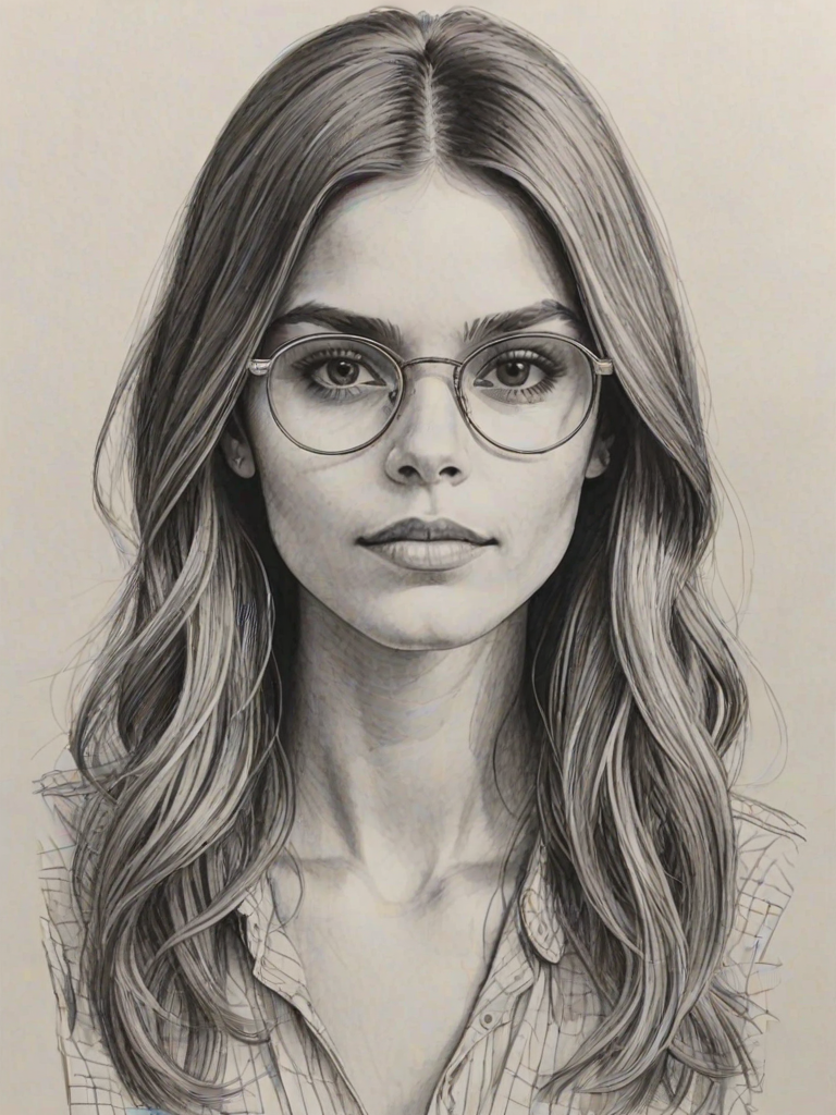 Bewitching Caitlin Stasey, pencil sketch, portrait of Wonderful woman 1972s in glasses, hair style beatnik, outline, clear lines, fine lines, 8k