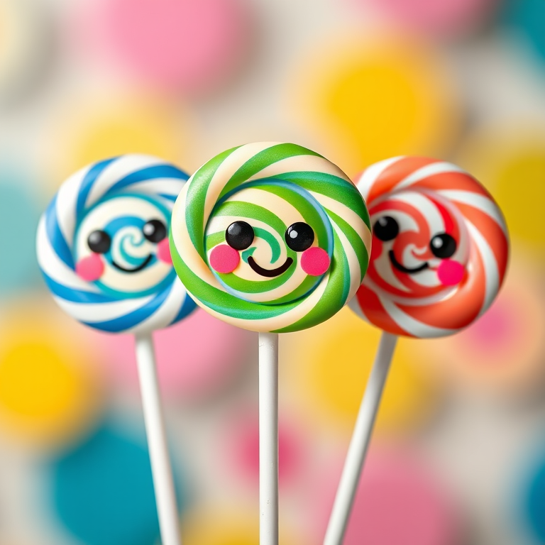 Generate a high-resolution image of three cute cartoon lollipops in a bright and colorful style with expressive faces, using a DSLR camera with a 50mm lens, aperture f/1.8, ISO 100, and a shallow depth of field to enhance the background blur.