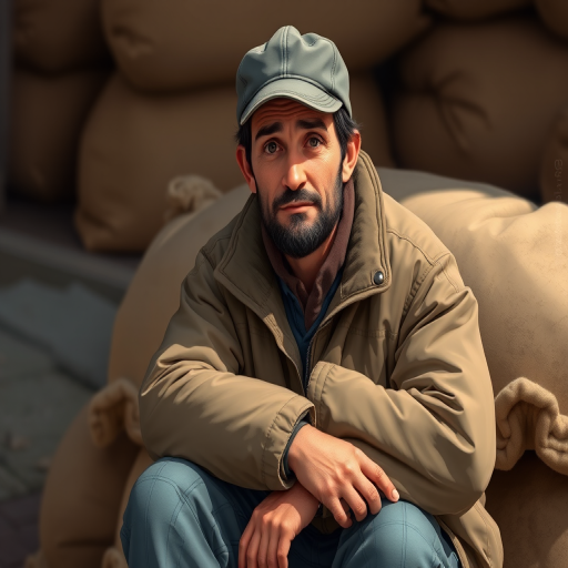 Create a digital illustration of a man sitting on a sack, wearing a cap and a warm jacket, with a weary expression, captured in a close-up view, using a high-resolution digital camera with a 50mm lens, aperture set to f/2.8, ISO 100, soft natural lighting to enhance details and texture.