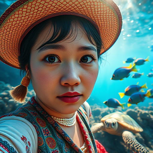 Realistic selfie image of a Hmong, wearing a vintage outfit, detailed dreamy eyes, droopy hooded eyes, staring at the camera, taken underwater at coral reef with a sunbeam filtering through the water, vibrant, summer vacation, natural lighting, turtle and school of tropical fish with vibrant colors, rendered in the style of CryEngine, Pegi Nicol MacLeod, with realistic genre scenes, hauntingly beautiful narratives, ultra-realism, and Thomas Saliot's close-up technique, 8K resolution, crystal clear and sparkling water.