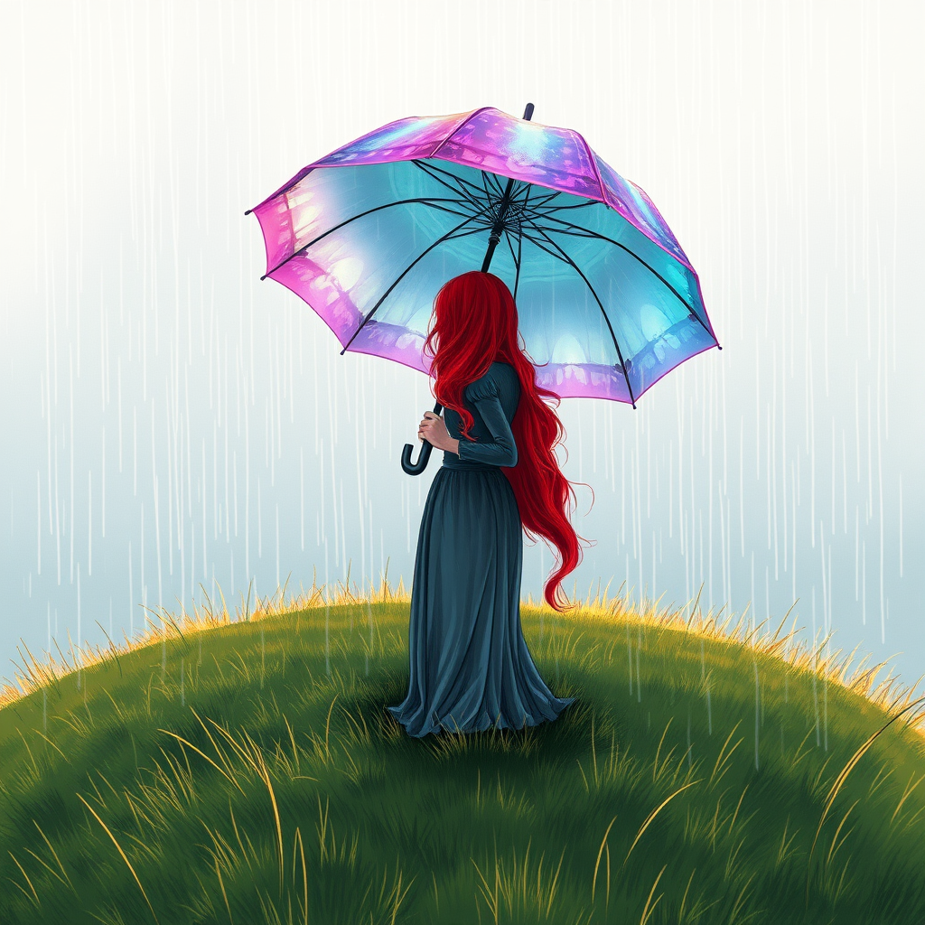 A surreal hand-drawn digital artwork depicting a mysterious red-haired woman standing on a grassy hill under the rain. She holds an umbrella crafted from iridescent zircon, its vibrant sheen contrasting with the soft, rainy atmosphere. The scene feels dreamlike, blending the natural elements of the hill and rain with the otherworldly shimmer of the umbrella.