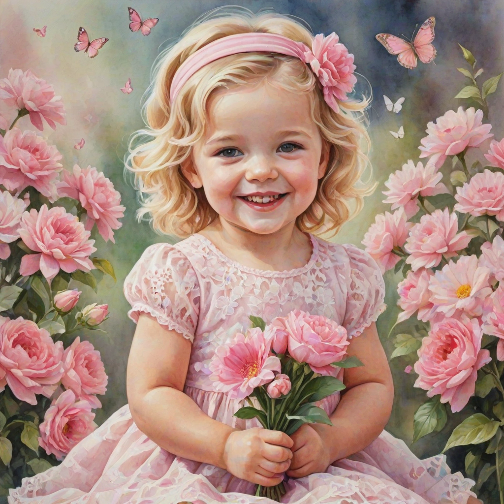 hyperrealism happy smiling toddler girl with messy wavy blonde hair with a headband, she is wearing a pink and white lace dress with pink and white shoes, she is holding a pink bouquet of flowers. Pink flowers and butterflies. summer background. Watercolor Highly detailed