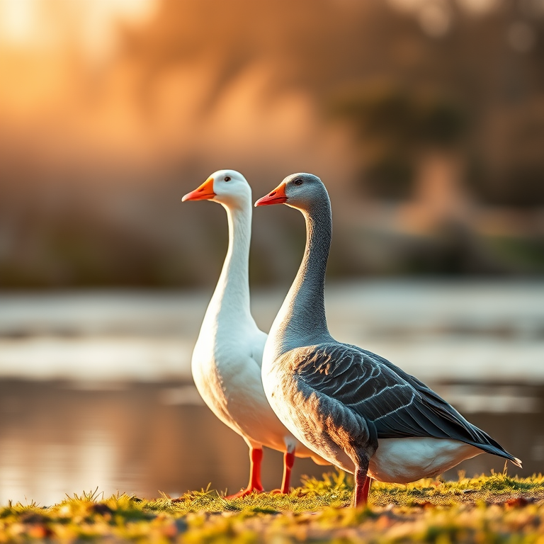 A pair of geese standing by a tranquil pond, one white and the other grey, captured in golden hour lighting, shallow depth of field, DSLR camera, aperture f/2.8, ISO 100, 50mm lens, soft focus background.