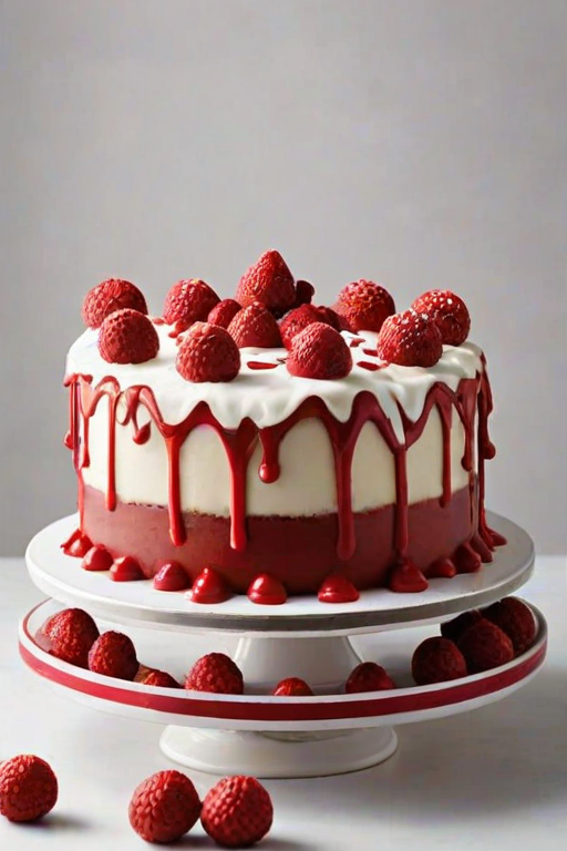 Create an image of a festive cake with a red base and white chocolate drip. Top the cake with a layer of frosting, fresh red berries, and powdered sugar-covered cake balls. Decorate with snowflake designs and a winter theme. Place the cake on a white cake stand against a soft, neutral background. Add a touch of elegance with a ribbon around the stand.